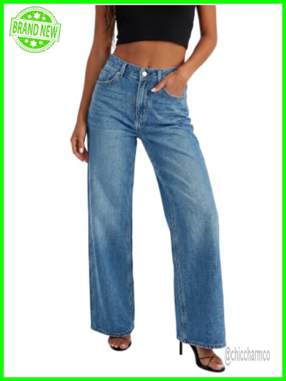 High Waisted Straight Leg Wide Leg Jeans Loose Stretchy Denim Pants with Pockets